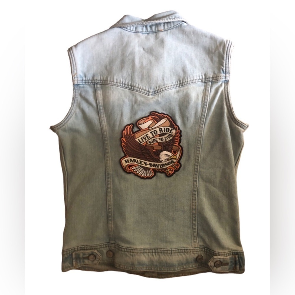 Distressed Denim Vest Harley~Davidson Patch Sz.S Light Wash Button Up Biker Moto